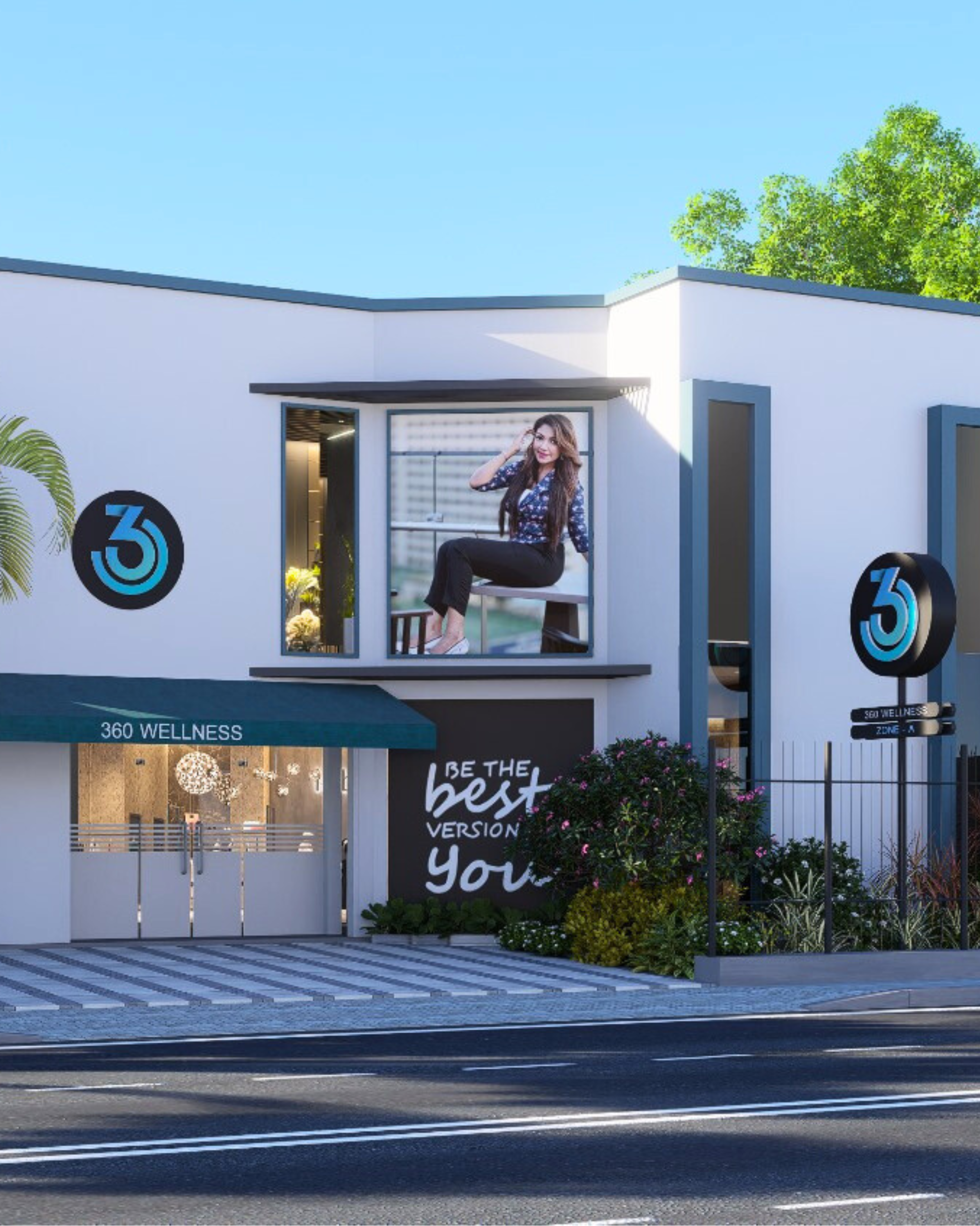 Modern building with '360 Wellness' branding and promotional message on a clear day.