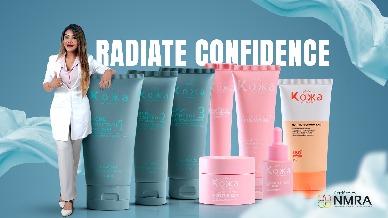 Woman in a white coat standing next to Koxa skincare products with 'Radiate Confidence' text on a blue background.